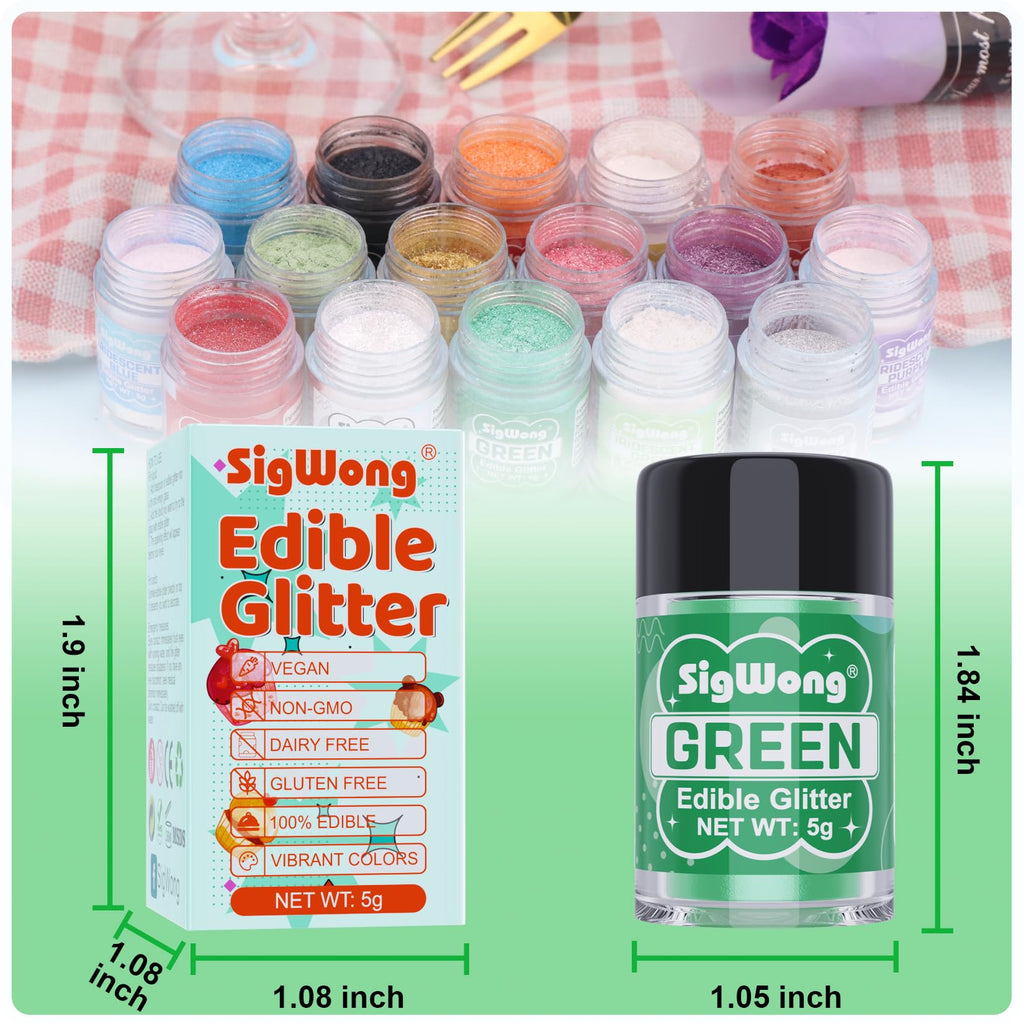 Green Edible Glitter - 5g Food Grade Cake Decorating Shimmering Glitter, Edible Sprinkle Luster Dust for Drinks, Chocolates, Fondant, Strawberries, Cupcakes, Candy, Easter Cookie - Vegan