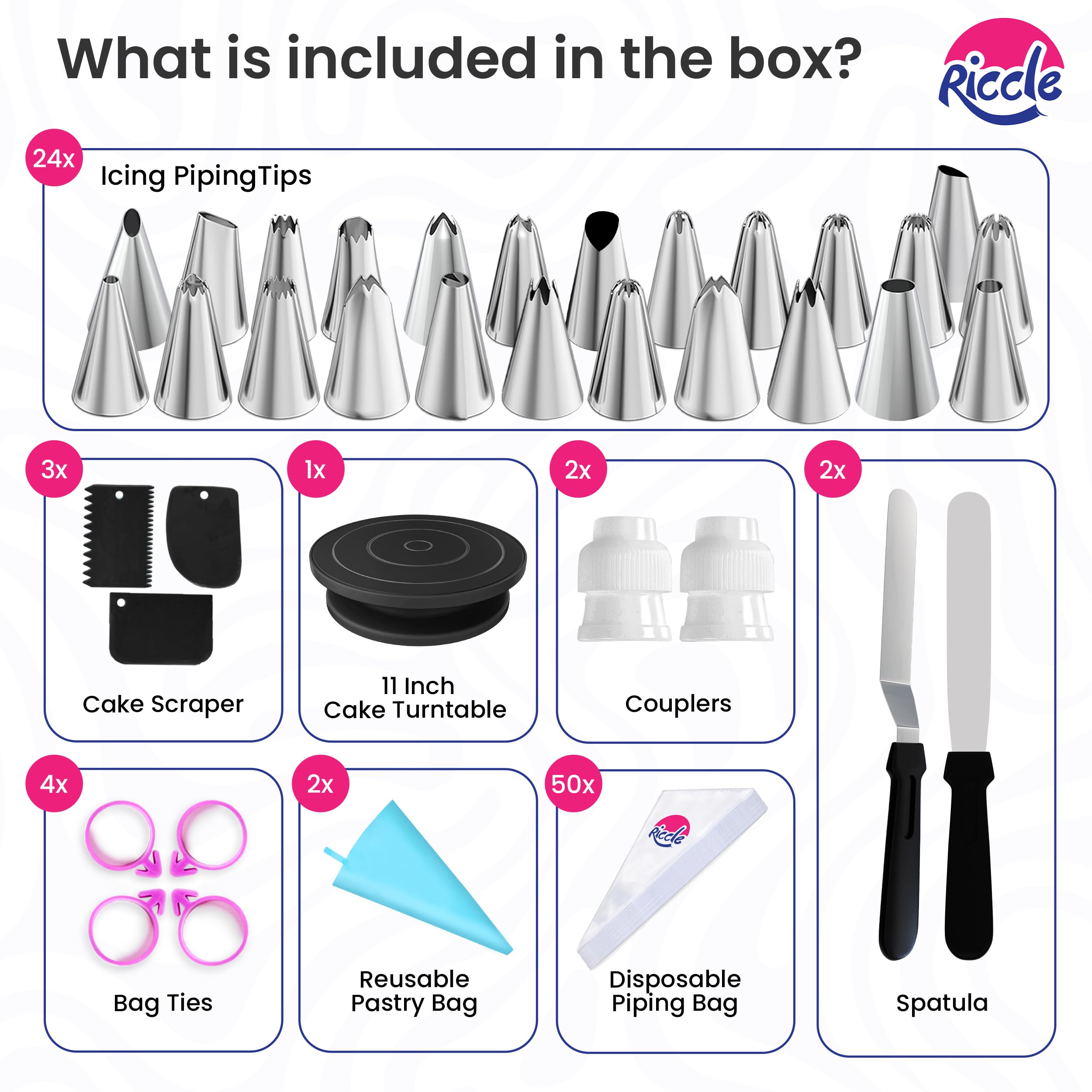 Riccle 88 pcs Cake Decorating Kit with Blue Cake Turntable - Includes 50 Disposable + 2 Reusable Piping Bags and Tips Set, 24 Icing Piping Tips, 2 Spatulas, 3 Icing Comb Scraper (Black)
