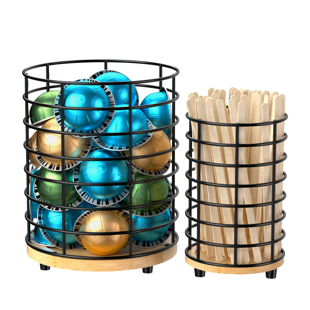 HBlife Coffee Pod Holder & Coffee Stirrers Holder Set, Metal and Wooden Coffee Bar Accessories Large Capacity Kitchen Counter Decor for Keurig K cup & Nespresso Vertuo (Black Wire)