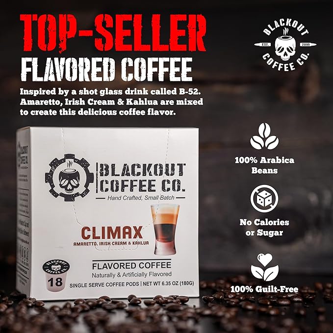 Blackout Coffee Climax Amaretto, Irish Cream & Kahlua Flavored Pods - Freshly Roasted in the USA - K-Cup Compatible Single-Serve Pods (18 Count)