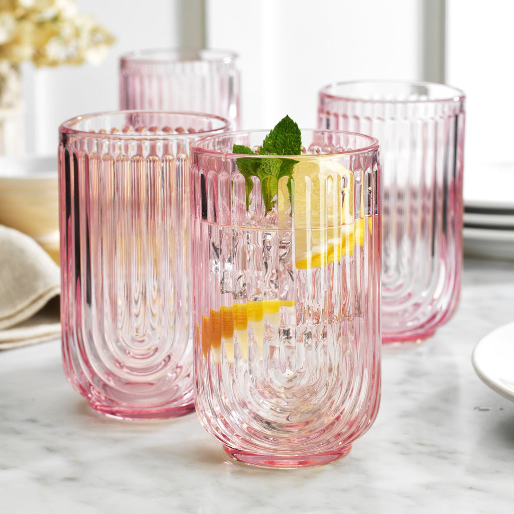 Glaver's Vintage Glassware Art Deco Glasses Ribbed Drinking Glasses U-Shape Arch Design Colored Cocktail Kitchen Tumblers Everyday Dinner Decorative Party Hand-Wash Only (Pink S/4 17oz)