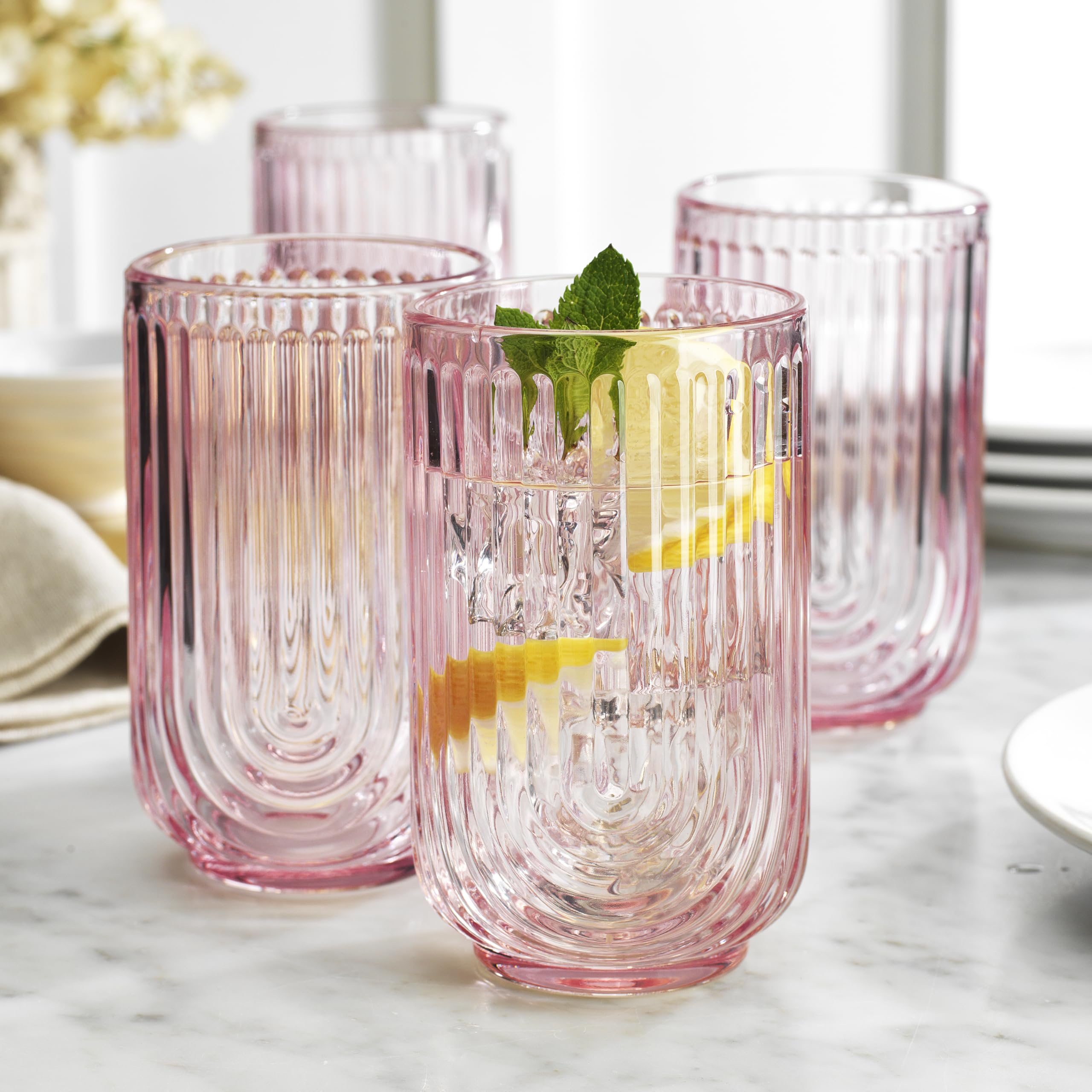 Glaver's Vintage Glassware Art Deco Glasses Ribbed Drinking Glasses U-Shape Arch Design Colored Cocktail Kitchen Tumblers Everyday Dinner Decorative Party Hand-Wash Only (Pink S/4 17oz)