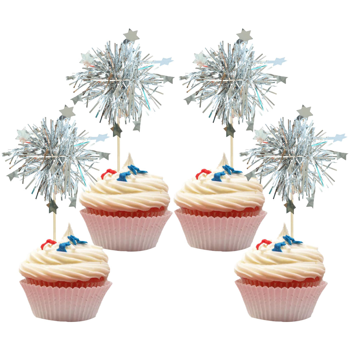 Gyufise 30Pcs Foil Firework Cupcake Toppers Sparkle Tinsel Cake Toppers Tinsel Drink Cake Decoration Cocktail Picks for Birthday Wedding Graduation Party Supplies Dark Blue
