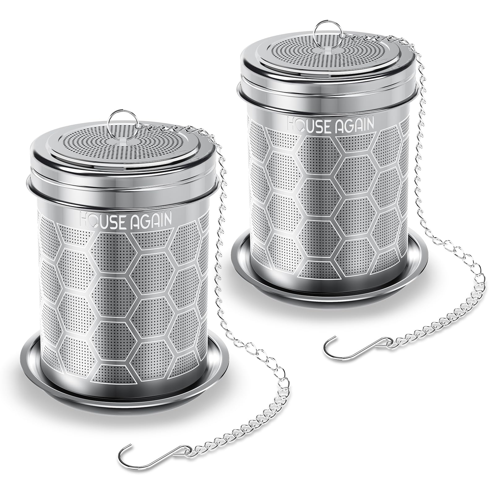 House Again 2 Pack Tea Strainers for Loose Tea, Extra Fine Mesh Tea Infuser, 304 Stainless Steel with Chain Hook, Loose Leaf Tea Steeper for Brew Tea Spices & Seasonings, Geometric Design