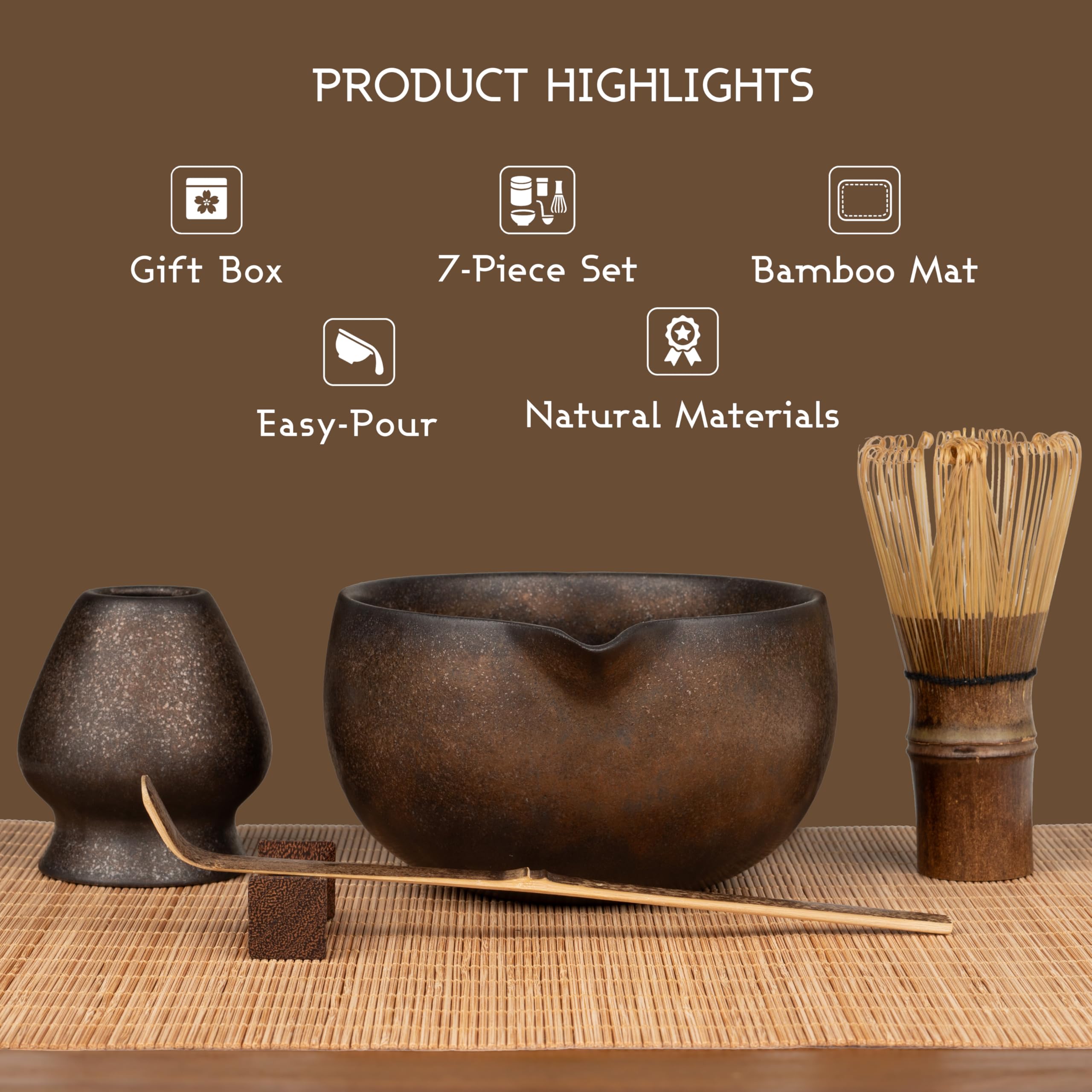 GleeNflux 7-Piece Matcha Set，Matcha Bowl & 100-Prong Purple Bamboo Whisk