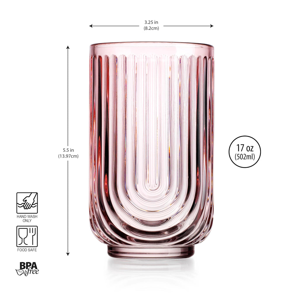 Glaver's Vintage Glassware Art Deco Glasses Ribbed Drinking Glasses U-Shape Arch Design Colored Cocktail Kitchen Tumblers Everyday Dinner Decorative Party Hand-Wash Only (Pink S/4 17oz)