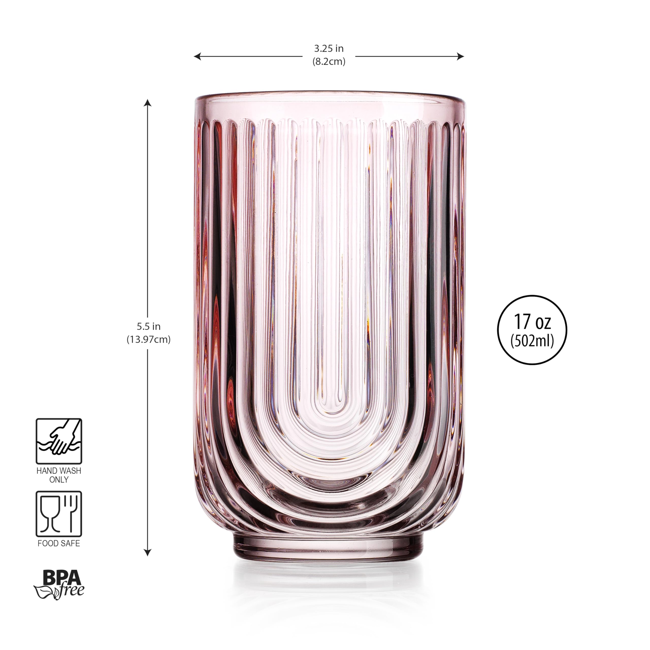 Glaver's Vintage Glassware Art Deco Glasses Ribbed Drinking Glasses U-Shape Arch Design Colored Cocktail Kitchen Tumblers Everyday Dinner Decorative Party Hand-Wash Only (Pink S/4 17oz)