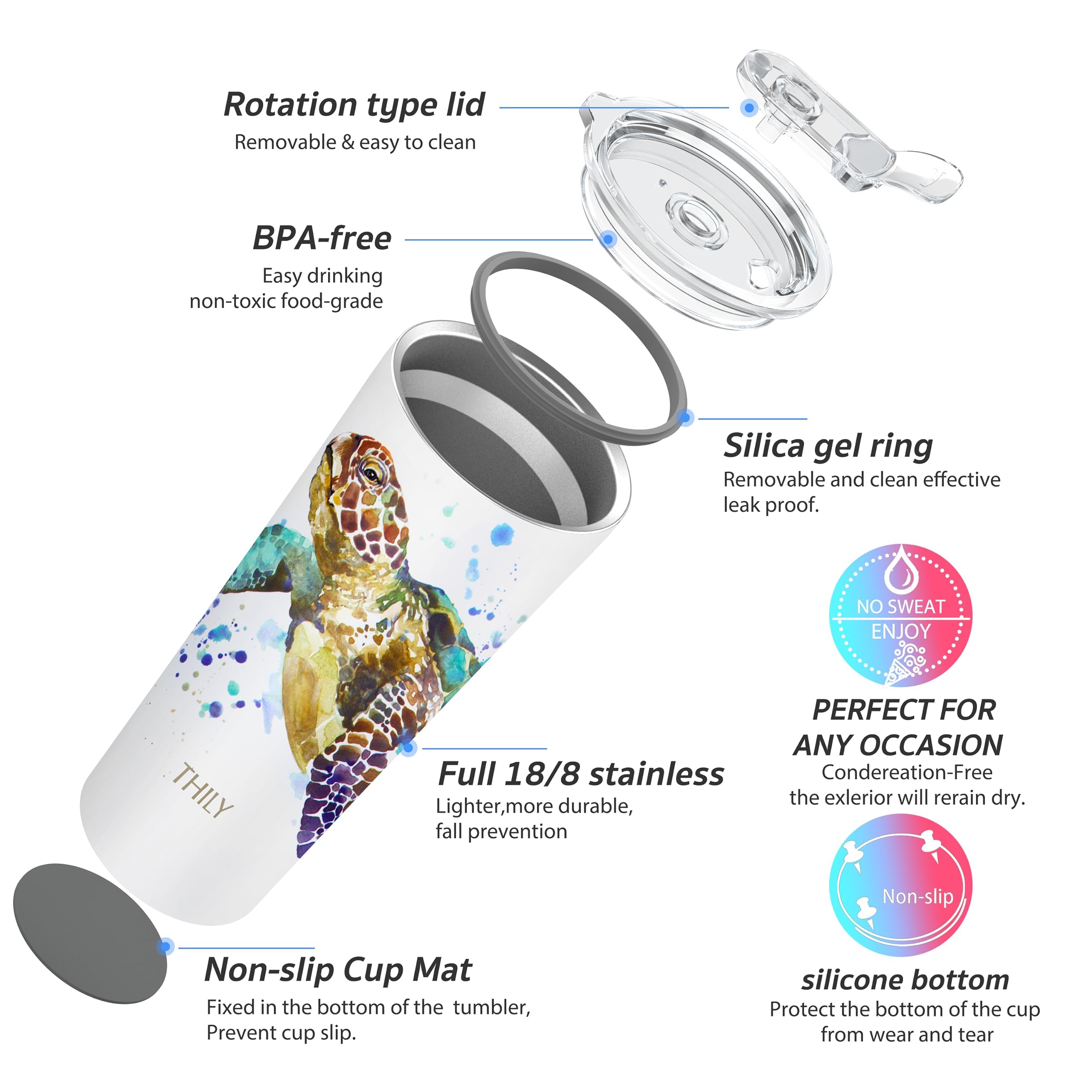 THILY Stainless Steel Vacuum Insulated Tumbler Travel Mug 26 oz Coffee Cup with 2 Lids and Straws, Splash Proof, Keep Ice Drinks Cold, Sea Turtle