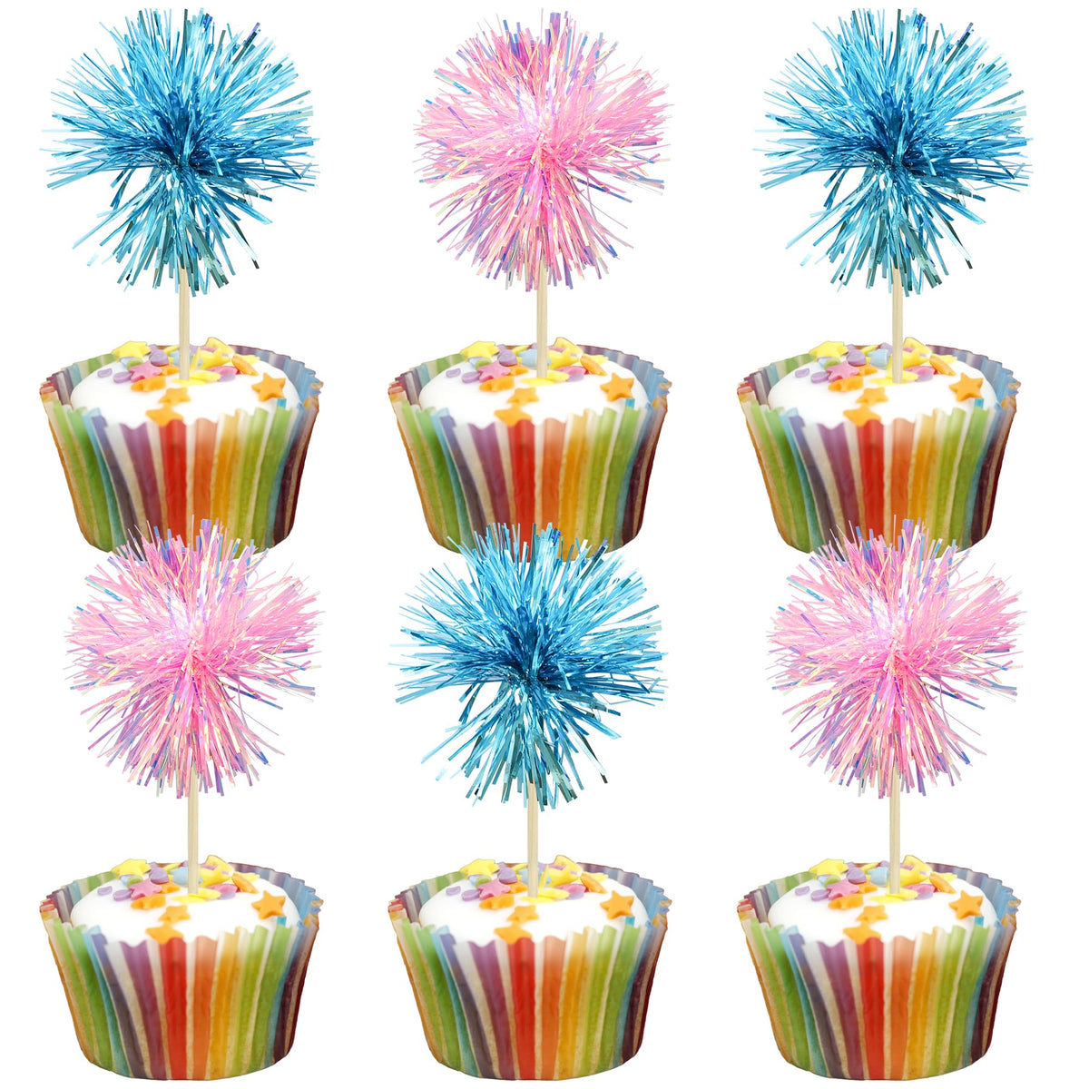 Gyufise 30Pcs Foil Firework Cupcake Toppers Sparkle Tinsel Cake Toppers Tinsel Drink Cake Decoration Cocktail Picks for Birthday Wedding Graduation Party Supplies Dark Blue