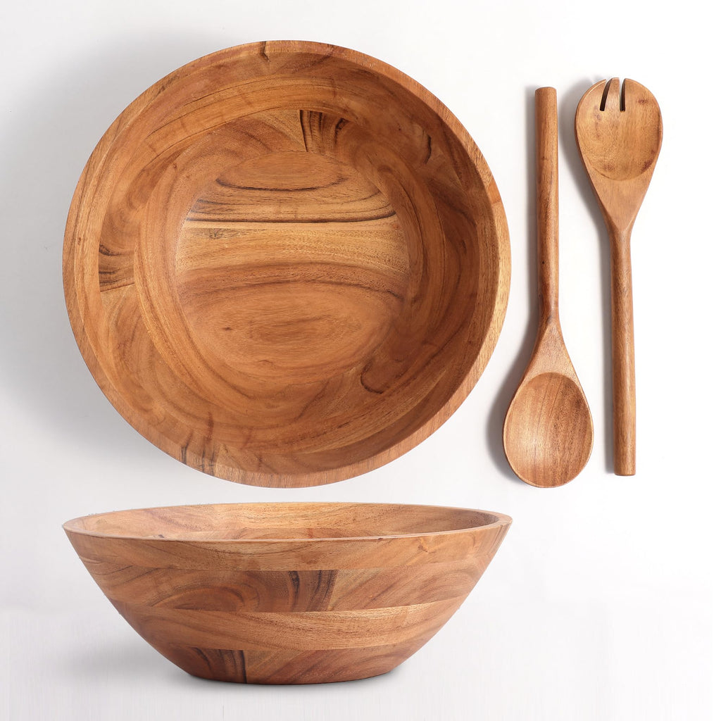 Luxe Designs Wooden Salad Bowl Set - Food Safe & Sustainable Decorative Bowl - Wood Bowl for Fruits, & Salads - Easy to Clean Large Salad Bowls Set w/Spoon, Fork – Wooden Bowls for Food