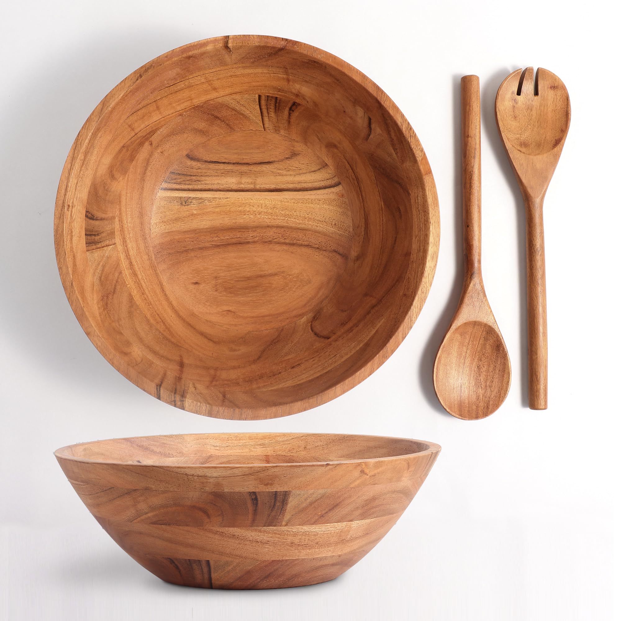 Luxe Designs Wooden Salad Bowl Set - Food Safe & Sustainable Decorative Bowl - Wood Bowl for Fruits, & Salads - Easy to Clean Large Salad Bowls Set w/Spoon, Fork – Wooden Bowls for Food