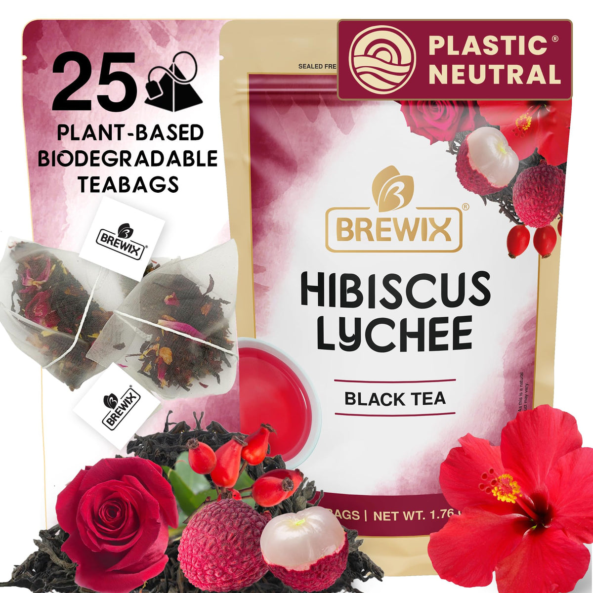 BREWIX, Hibiscus Lychee Tea Bags (25 Plant-Based Tea Bags) Caffeinated Fruit Tea with Real Hibiscus Flowers, Black Tea, Rosehip, Apple, Licorice & Rose | Bright, Fruity & Floral | Hot or Iced