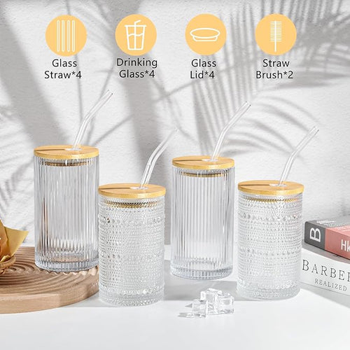 13 oz Drinking Glasses Set of 4 with Bamboo Lids Straws Hobnail Boho Glassware Set Vintage Glass Cups Embossed Iced Coffee Cup for Beer Cocktail Beverage(Hobnail)