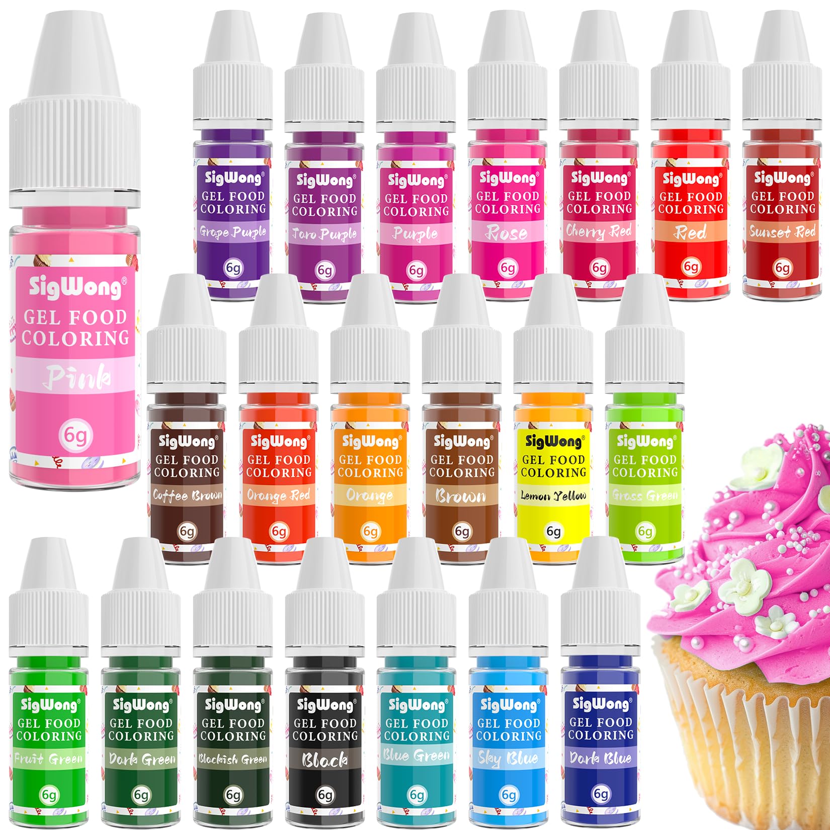 Gel Food Coloring Set - 21 Colors Tasteless Based Color Dye, Vibrant Edible Icing for Cake Cookie Decorating, Baking, Fondant, Frosting, Easter Eggs, with Gloves (6g/Bottle) Vegan