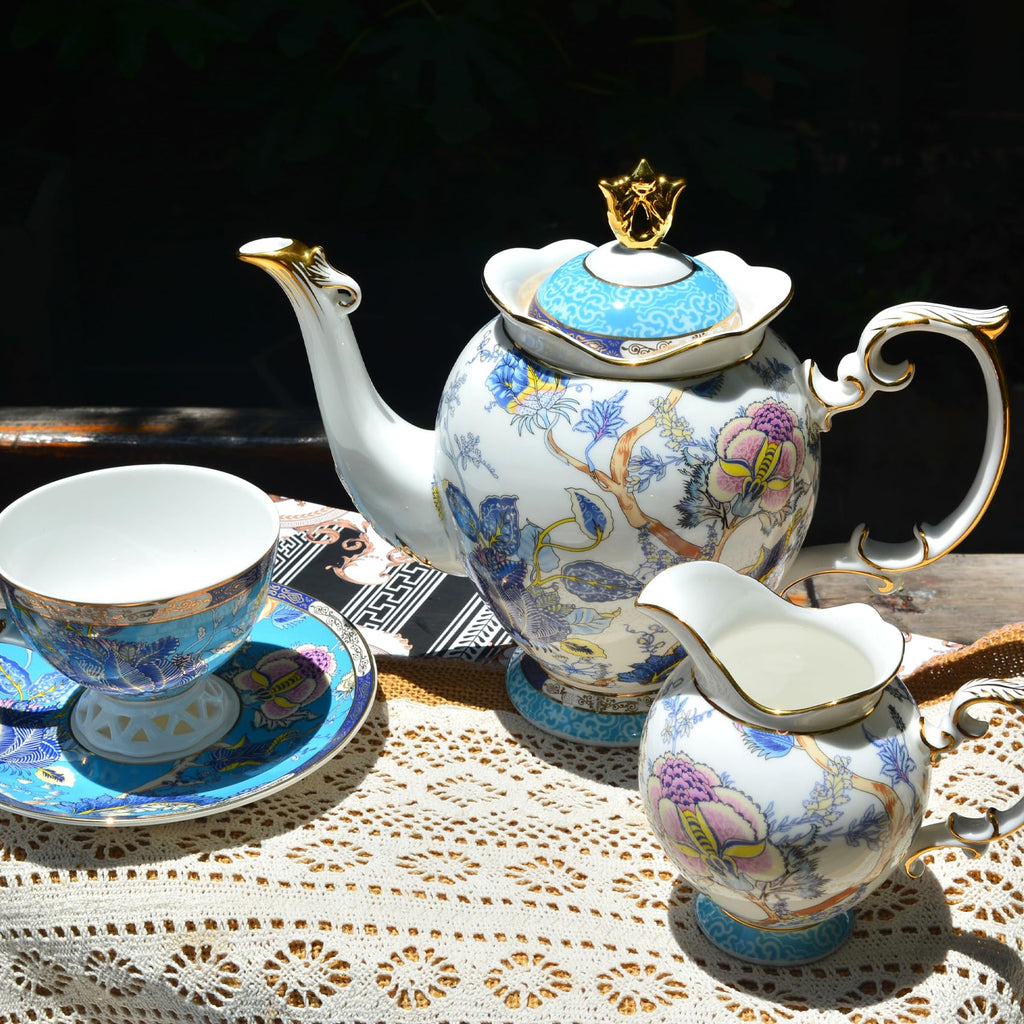 ACMLIFE Bone China Tea Cups, Tea Cup and Saucer Set for 1 Blue and White China Tea Cup 6.7oz Floral Vintage China Coffee Set for Women Party Gift Giving with Gold Trim and Gift Box