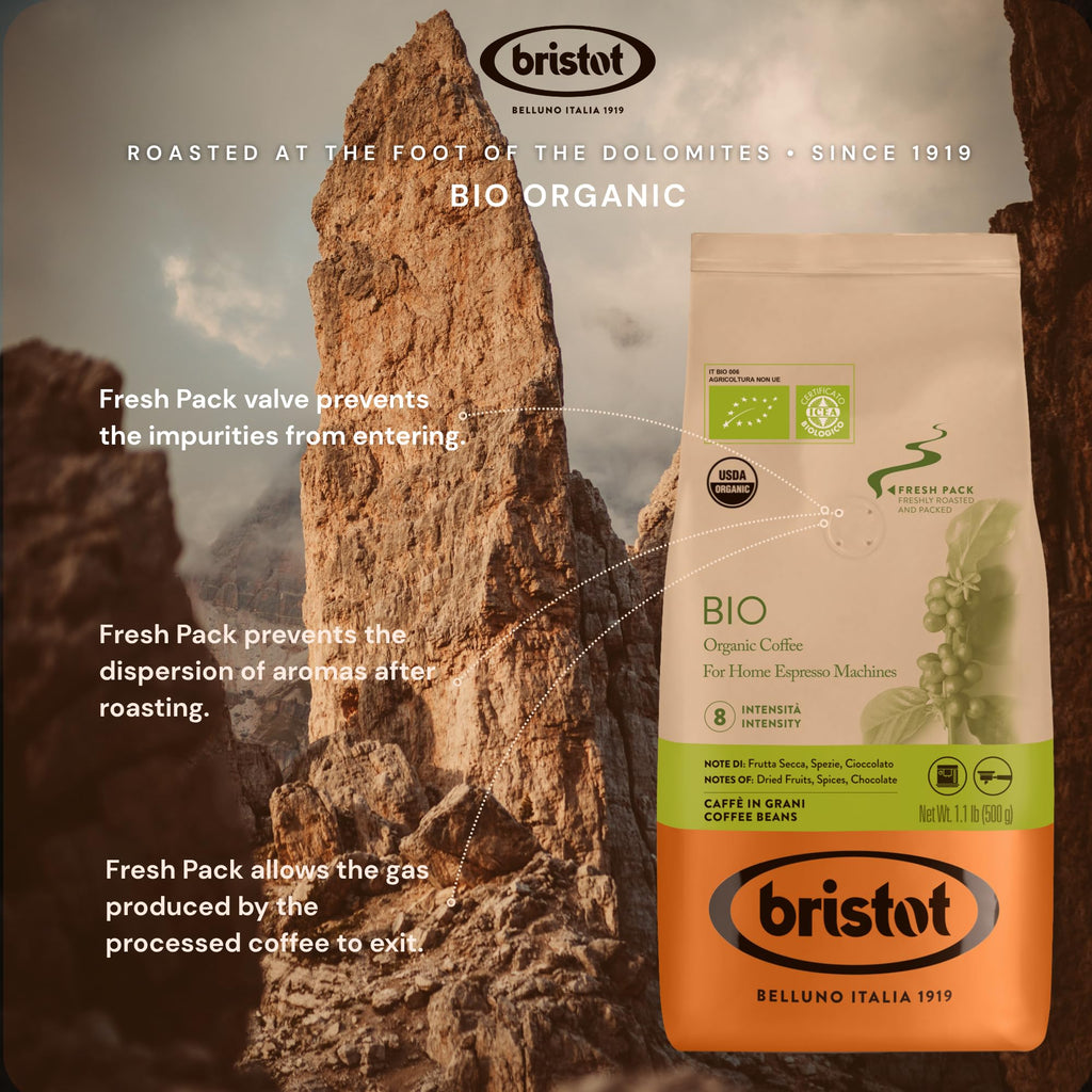 Bristot Bio Organic Italian Espresso Beans – Whole Bean Coffee, Medium Roast – Smooth & Aromatic with Spices, Caramel & Sandalwood Notes – 1.1 lb (500 g), Certified USDA Organic