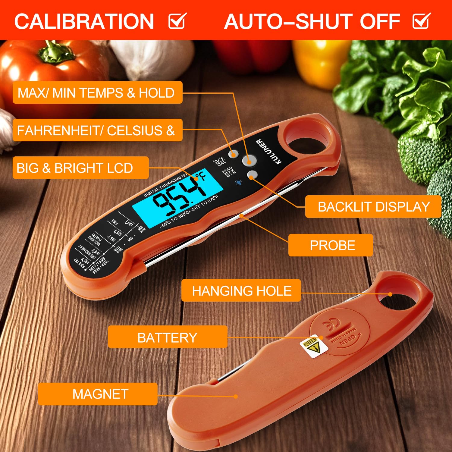 KULUNER Digital Meat Thermometer Instant Read, Orange Waterproof Food Thermometer with 4.6" Folding Probe, Backlight & Calibration, 2-3s Fast Reading for Kitchen BBQ Grilling Cooking - Orange