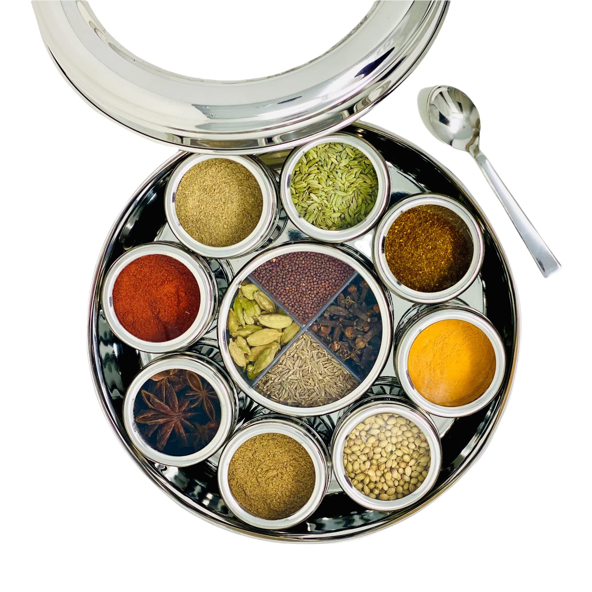 spice dabba Stainless Steel Indian Spice Box, Steel Masala Dabba 12 Spices, Lid Spice Box, Authentic Spices, Masala Box with Individual containers | Size 9 x 9 x 3 IN (Indian Spice Box Only)