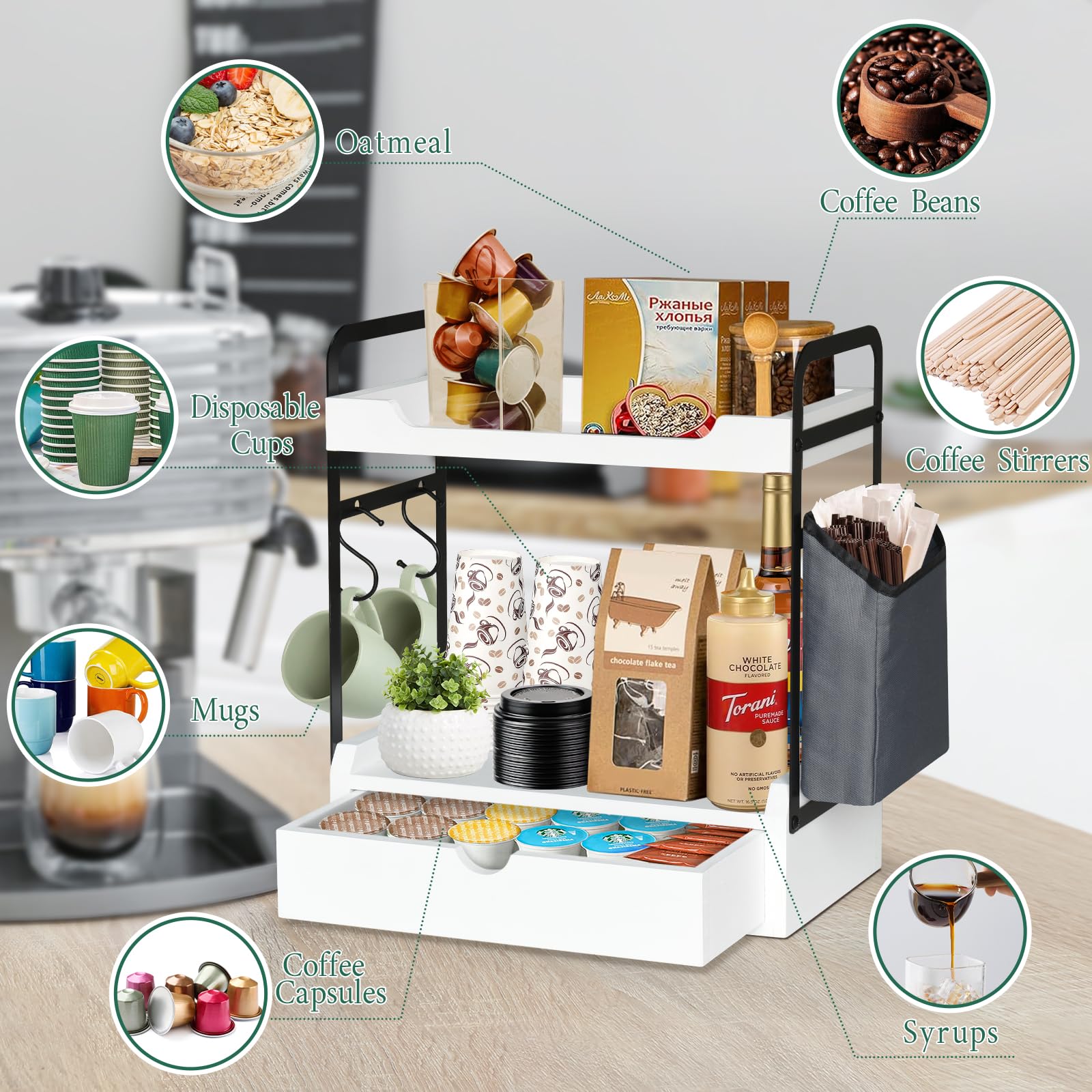 Coffee Station Organizer for Counter, Condiment Storage Caddy for Kitchen with Hooks and Bag,2 Tier Wooden Shelf for Coffee Bar Accessories,Coffee Bar Organizer for Kitchen, Home, Office-White