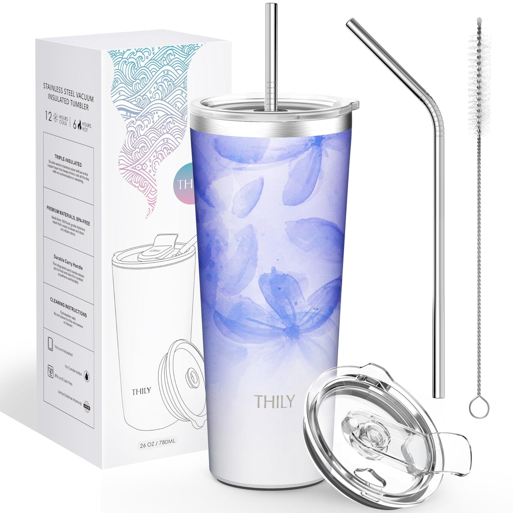 THILY Stainless Steel Vacuum Insulated Tumbler Travel Mug 26 oz Coffee Cup with 2 Lids and Straws, Splash Proof, Keep Ice Drinks Cold, Violet Leaves