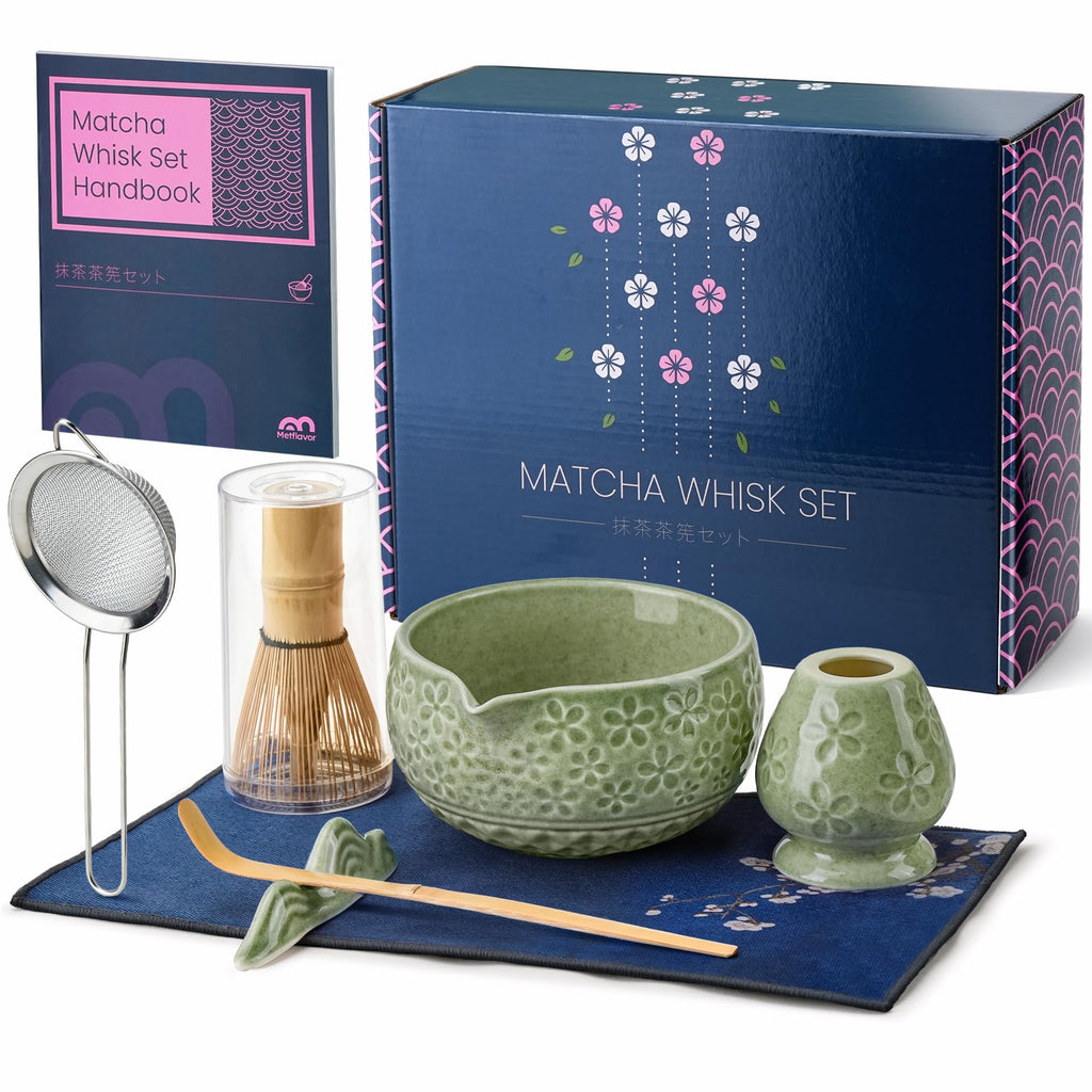 7Pcs Matcha Whisk Set, Matcha Set Whisk and Bowl,Bamboo Scoop, Scoop Rest, Sifter and Tea Towel, Matcha Kit W/Carved Cherry Blossm Pattern for Matcha Lovers (Sakura Green)