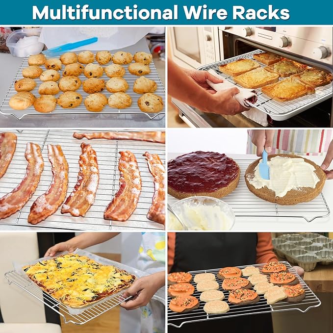 Baking Cooling Rack Set of 3, P&P CHEF Stainless Steel Cooking Roasting Drying Wire Racks, 16.6” x 11.6” Inches to Fit Half Sheet Pan, Non-toxic & Durable, Oven & Dishwasher Safe