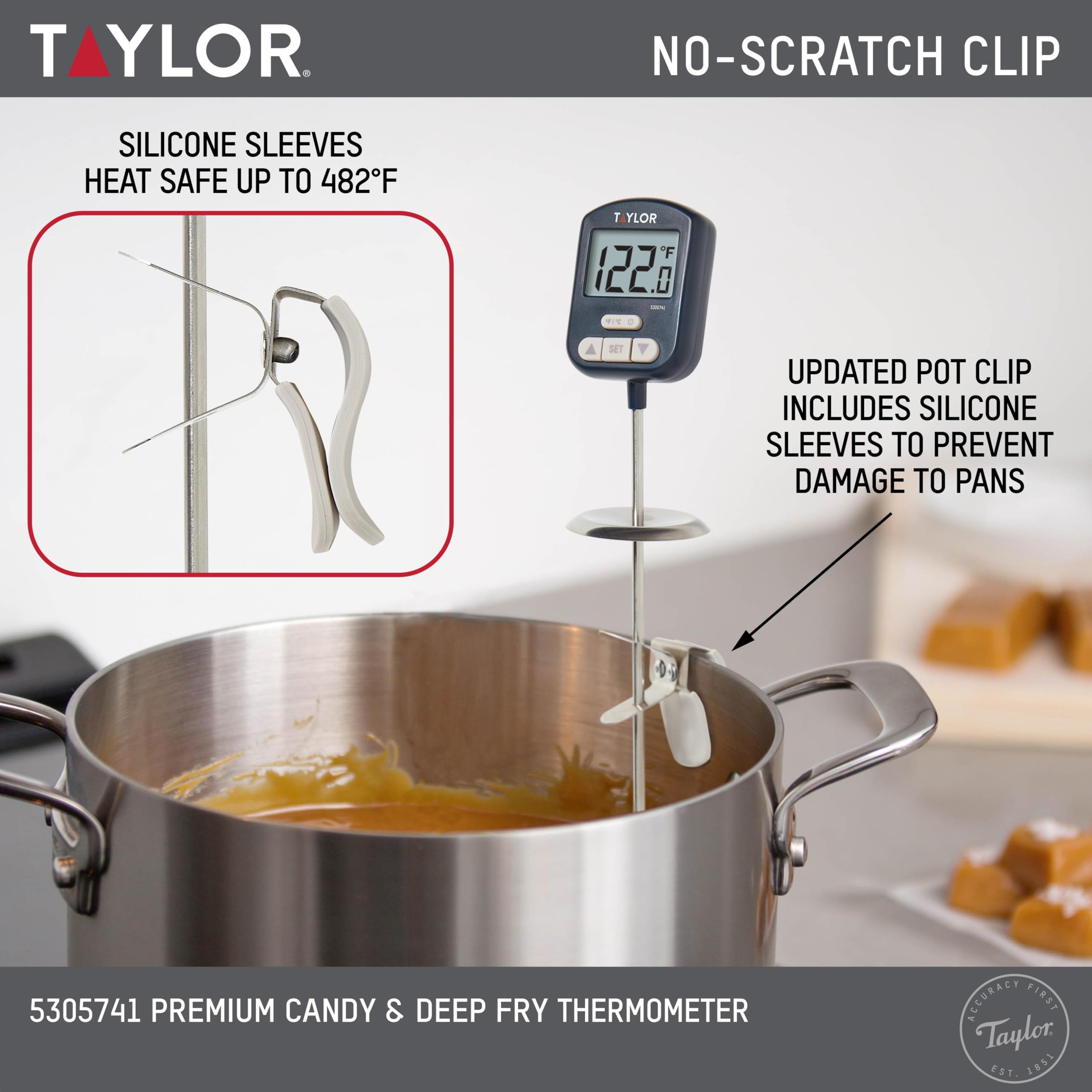Taylor Digital Premium High Heat Resistant Candy Thermometer, Meat, Deep Fry, Brewing, and Craft Thermometer, with pan/Kettle Clip and Heat Shield, Backlit Display, and Includes 1 CR2032 Battery, Navy