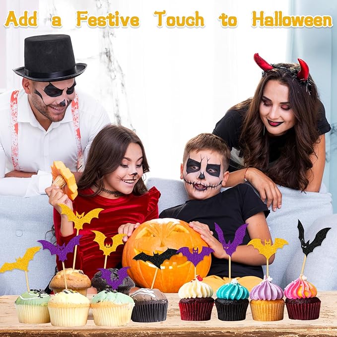 YQUQWN 24 PCS Halloween Black Orange Purple Glitter Bat Cupcake Decorations, Halloween Cupcake Selection, Suitable for Children's Birthday Party, Theme Party, Baby Shower Event Decoration Supplies