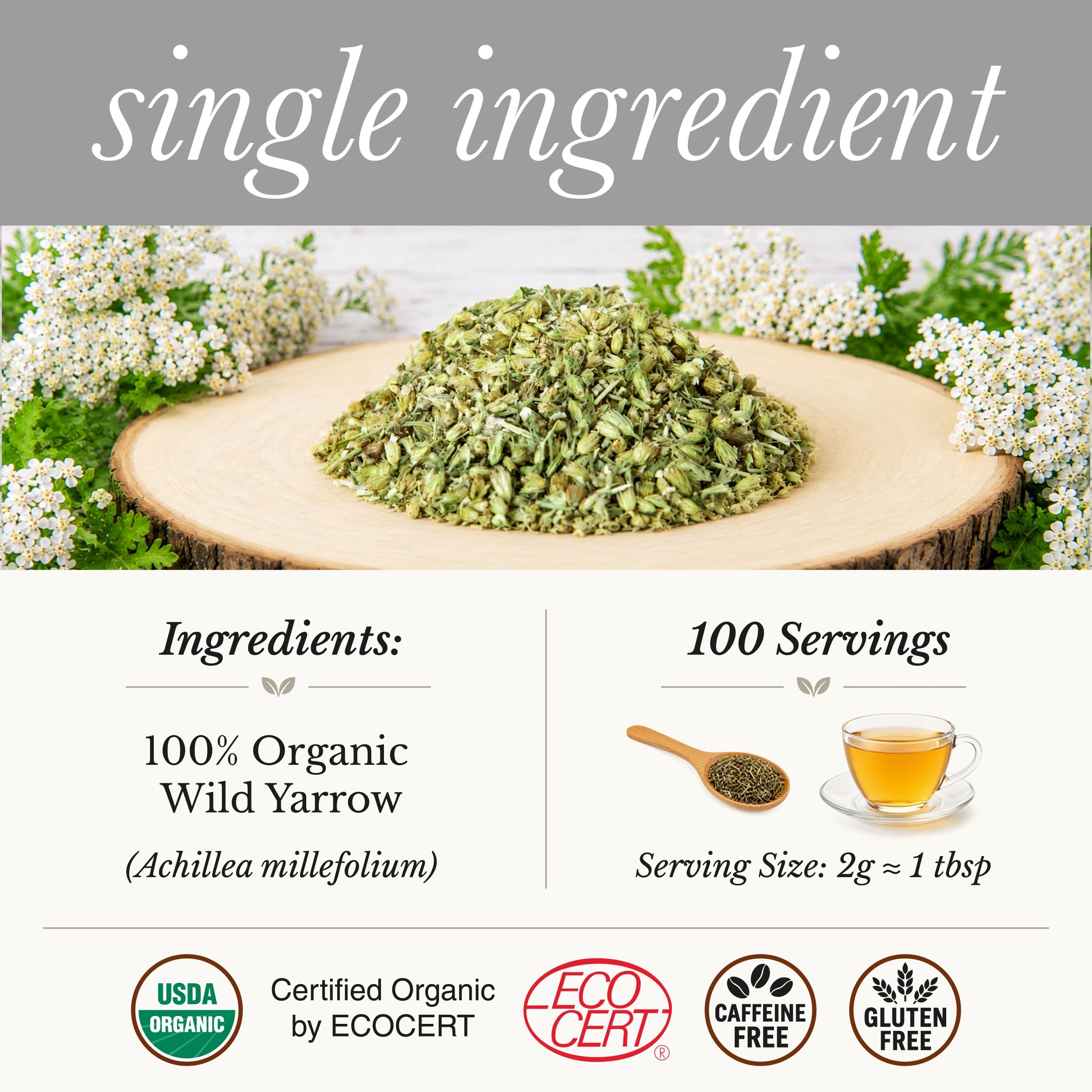 Wild Bliss Organic Yarrow Flower Tea - Caffeine Free Loose Leaf Herbal Tea - Pharmacopoeia Potency - 7 Ounces - 100 Servings