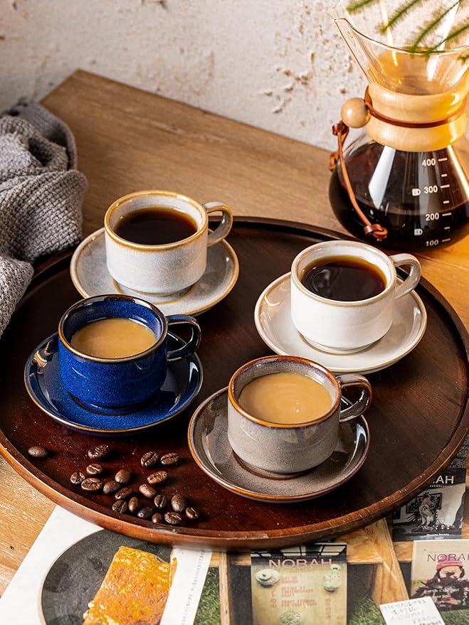 Gomakren 2.5 Ounce Espresso Cups Set of 4, Small Stackable Coffee Cups with Saucers and Metal Stand, Porcelain Demitasse Cups for Specialty Coffee Drinks, Espresso, Cappuccino, Latte, Tea, Cobalt Blue