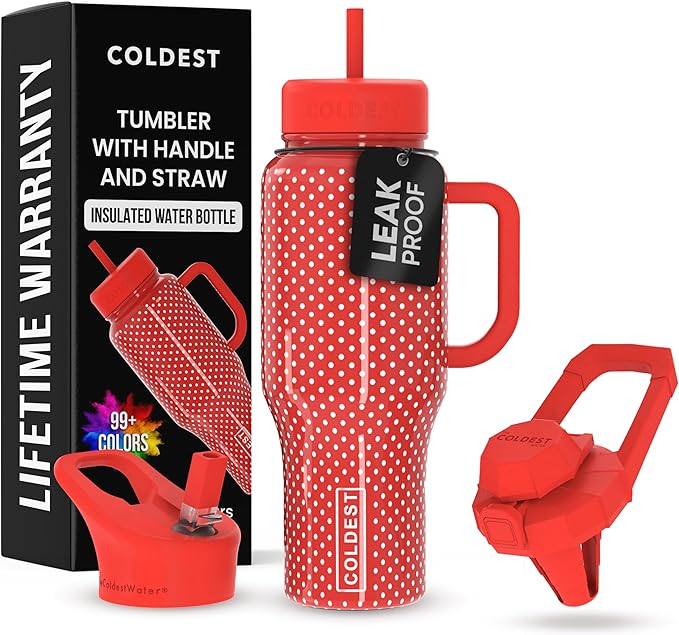 Coldest 40 oz Tumbler with Handle and Straw - 100% Leak Proof Insulated Tumbler with Lid and Straw (3 Lids) - Stainless Steel Tumblers for Women & Men - Cup Holder Friendly Base, 36 oz (Red Dress)