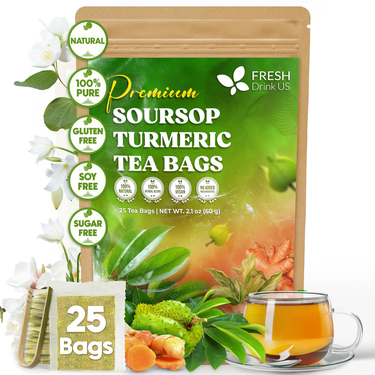 FRESHDRINKUS 60 Hibiscus Flowers Tea Bags, 100% Natural, Pure from Hibiscus Flowers. Loose Flower Hibiscus Herbal Tea. Hibiscus Flower Tea. No Sugar, No Caffeine, No Gluten, Vegan.