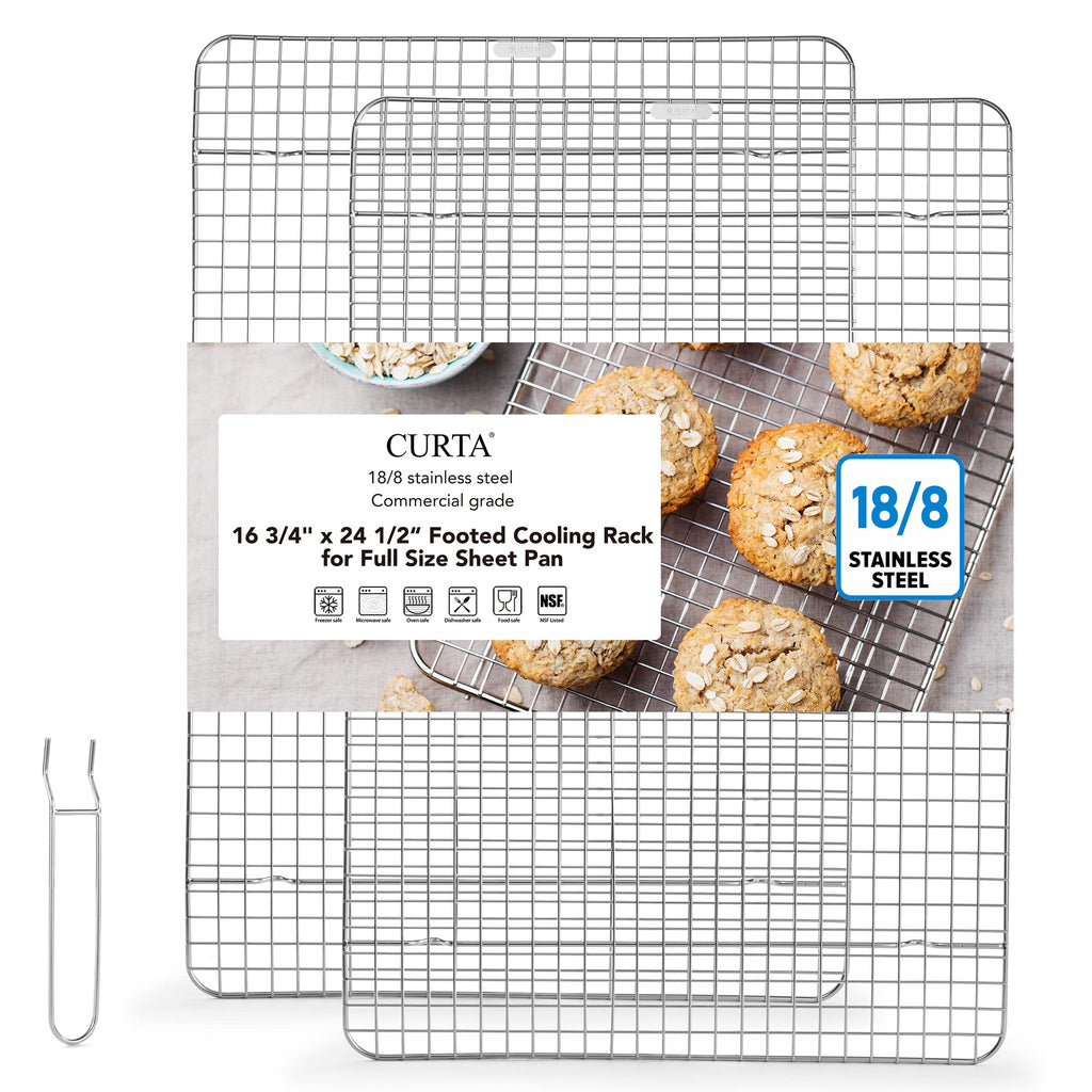 CURTA 2 Pack 16.8" X 24.4" Chef Cooling Rack,NSF Listed 18/8 Stainless Steel Oven Safe Grid Wire Cookie Cooling Racks for Baking & Cooking - Commercial Grade comes with Lifting Handl