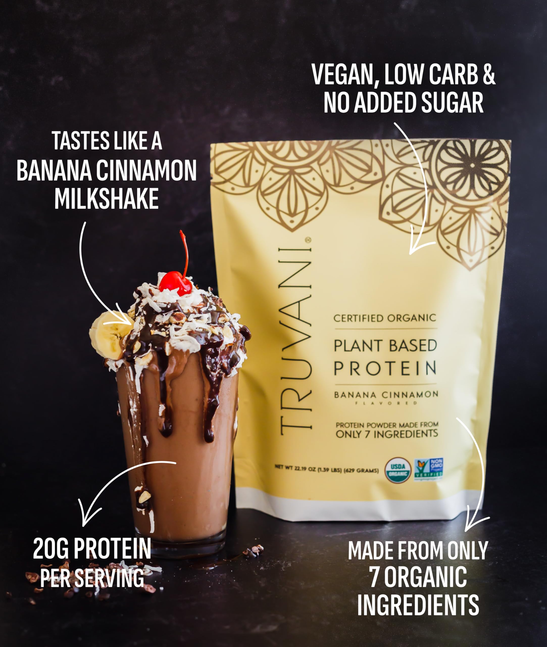 Truvani Organic Plant Based Protein Powder | Banana Cinnamon | 10 Servings