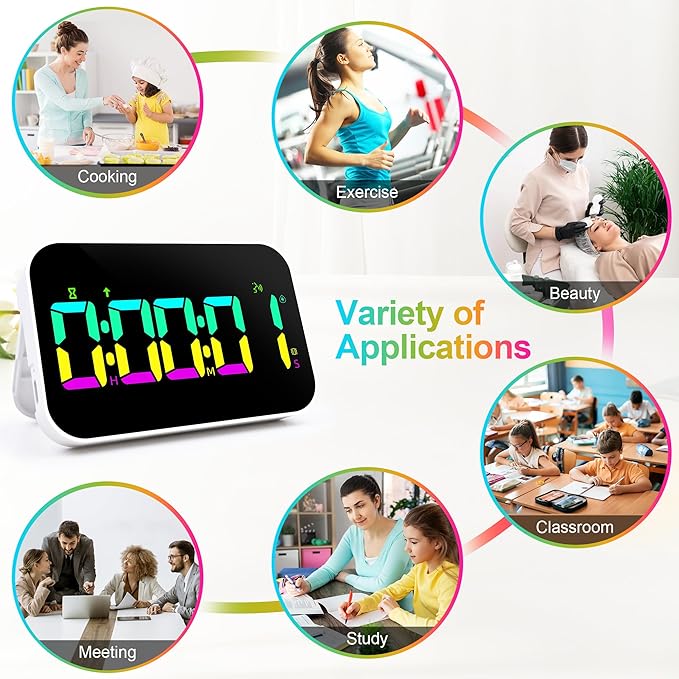 Kitchen Timer for Cooking, 10 RGB Color Rechargeable Digital Magnetic KidsTimer with Voice Reminder, Countdown/Up, 5”LED Display 3 Brightness 4 Volume Adjustable for Kids Classroom Home Gym-RGB