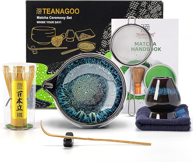 TEANAGOO Matcha Whisk Set, 7 Pcs Matcha Set Blue, Matcha Kit for Ceremony, Matcha Tea Set for Making Breakfast/Latte, Ceramic Matcha Bowl(chawan) whith Spout and Whisk, Gift for Friend/Family