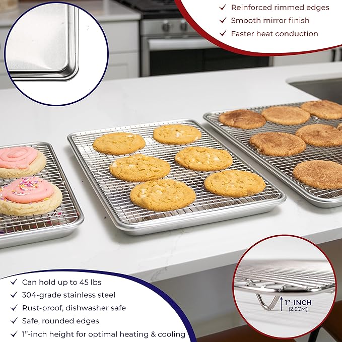KITCHENATICS Aluminum Jelly Roll Pan 15x10 and Stainless Steel Rack Set, Baking Pan with Rack for Oven Cooking, Baking Sheet with Cooling Rack - Heavy Duty Sheet Pan and Bacon Rack