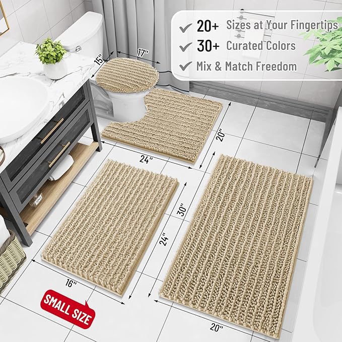 Arotive Luxury Chenille Bathroom Rug Mat, Extra Soft Thick Absorbent Shaggy Bath Rugs, Non-Slip Machine Wash Dry, Plush Bath Mats for Bathroom, Shower and Tub, 45x27, Beige