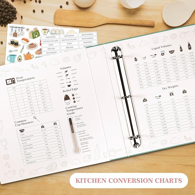 Lanpn Recipe Binder 8.5x11 3 Ring Kit, Waterproof Organizer Binder Recipe Book with 60 Plastic Sleeves,116 Recipes, Dividers,Labels & Stickers, Blank Cookbook to Write in Your Own Recipes, Leaf