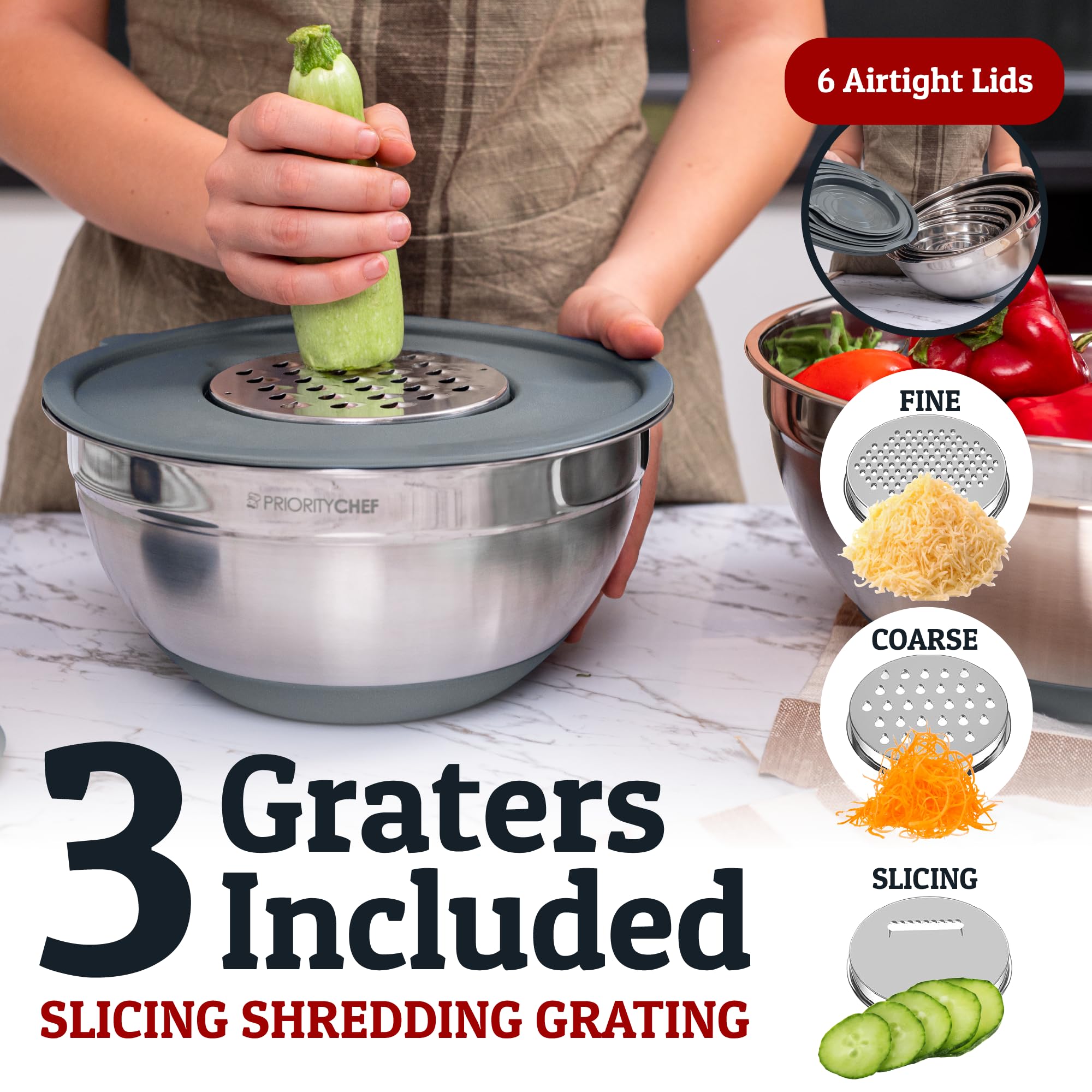 Priority Chef 6pc Stainless Steel Mixing Bowls with Lids Set, 7 Qt, Grey