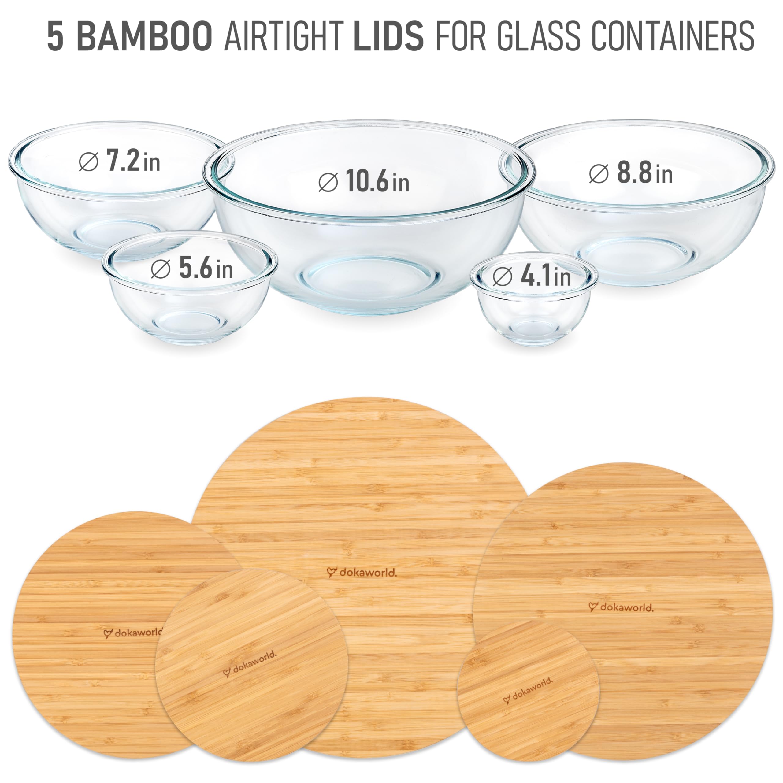 dokaworld Glass Mixing Bowls Bamboo Lids - Lids are compatible with all Glass Mixing Bowls Set