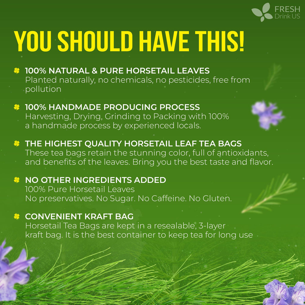 FreshDrinkUS, Premium 55 Horsetail Leaf Tea Bags, 100% Natural & Pure from Horsetail Loose Leaves Herbal Tea. Made with Natural Material Tea Bags. No Sugar, No Caffeine, No Gluten, Vegan.
