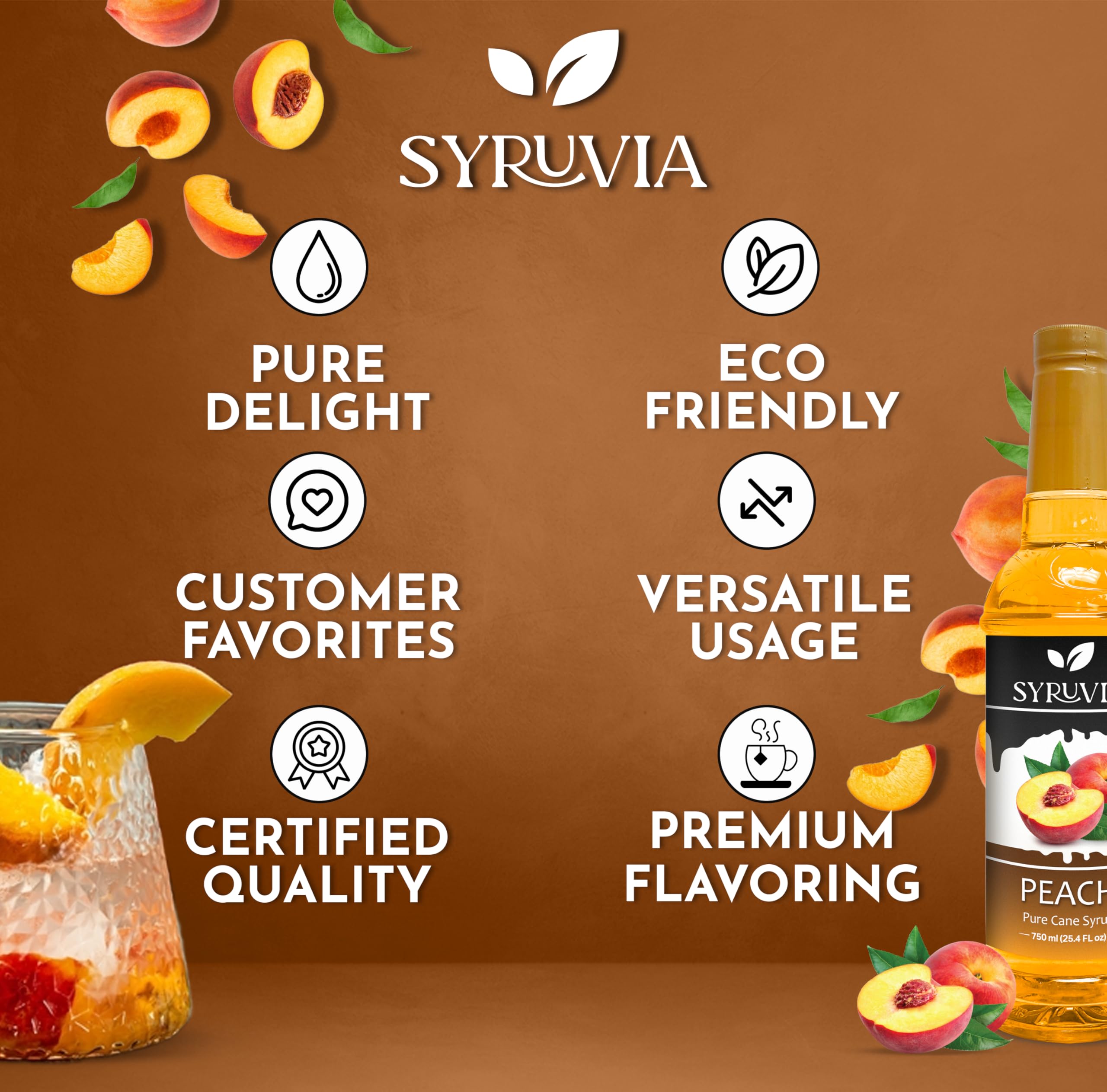 Syruvia Peach Syrup, Flavored Syrup for Cocktails, Fruit Drinks, Lemonades, and Desserts – 25.4 fl oz