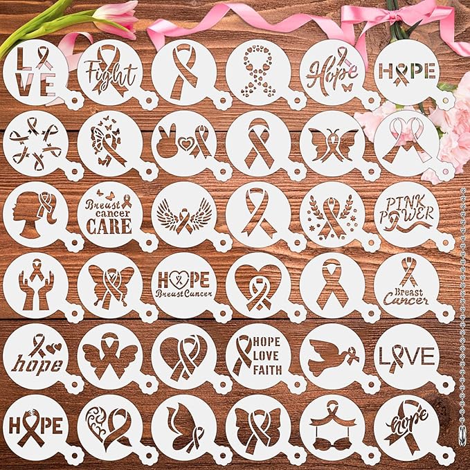 JULBEAR Breast Cancer Awareness Cookie Stencils, 36pcs Pink Ribbon Reusable Coffee Decoration Stencils Templates Tools for Cookies Baking Painting Dessert Decoration DIY Breast Cancer Awareness Party