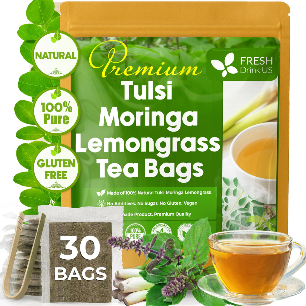FreshDrinkUS, Premium 30 Tea Bags Tulsi Moringa Lemongrass, 100% Natural & Pure from Tulsi Holy Basil Leaves, Moringa & Lemongrass. Made with Natural Material Tea Bags. No Sugar, No Caffeine, Vegan.