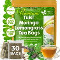 FreshDrinkUS, Premium 30 Tea Bags Tulsi Moringa Lemongrass, 100% Natural & Pure from Tulsi Holy Basil Leaves, Moringa & Lemongrass. Made with Natural Material Tea Bags. No Sugar, No Caffeine, Vegan.