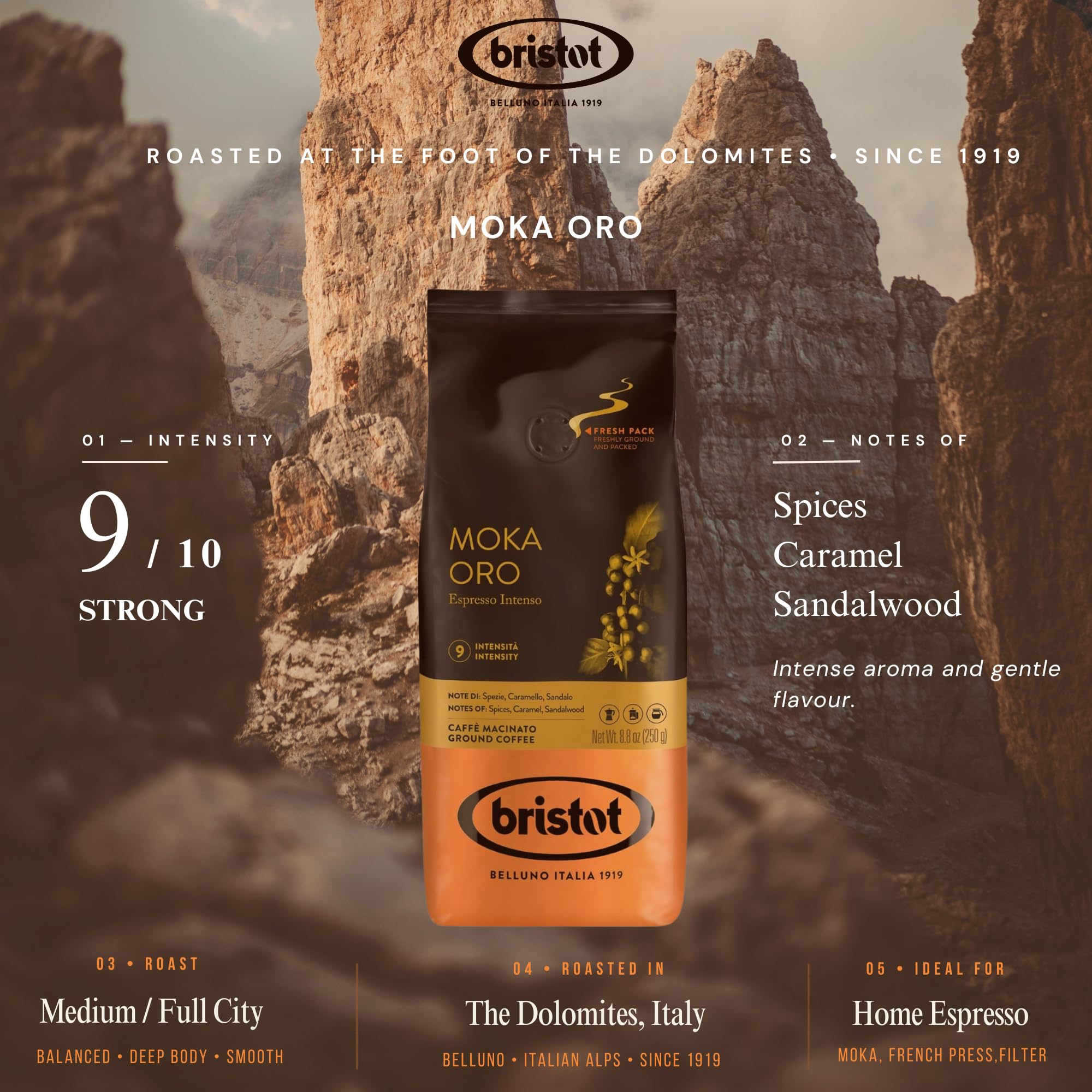 Bristot Moka Oro Ground Coffee – Italian Espresso – Medium Roast – Notes of Spices, Caramel & Sandalwood – For Moka, French Press, Pour Over – 8.8oz (250g)