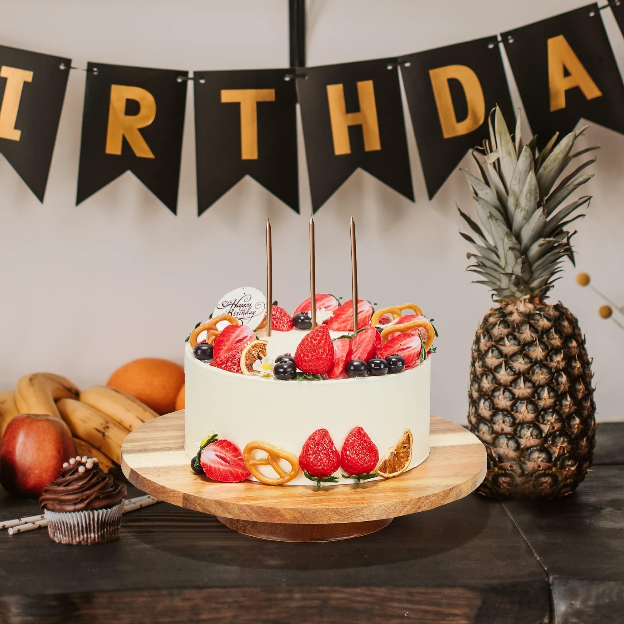 GOVOKOI 12" Acacia Wood Revolving Cake Stand, 2" High Turntable for Cake