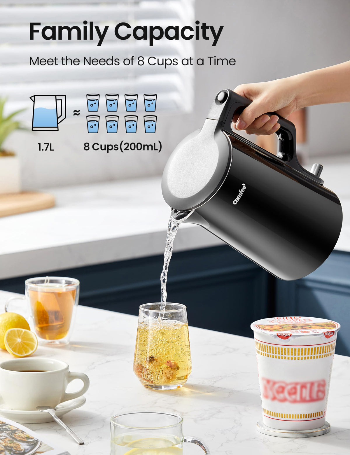 COMFEE Electric Kettle, 1.7L, Auto Shut-Off, 1500W, Black, stainless steel