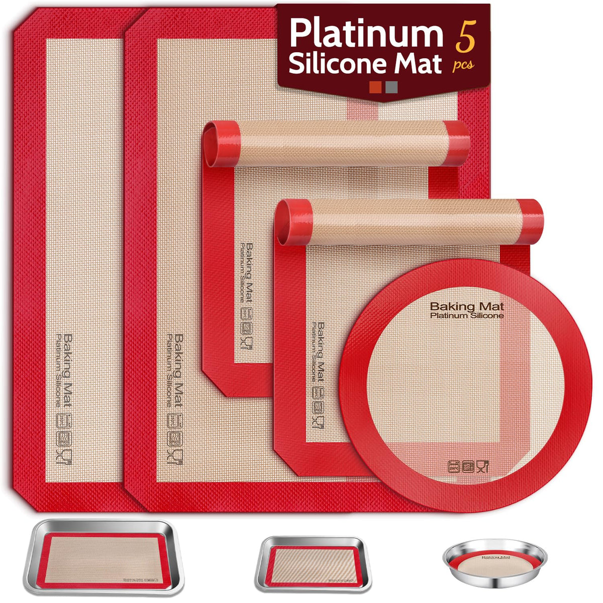 Silicone Baking Mat, Non-Stick Platinum Silicone Baking Sheet, 5 Pcs Red